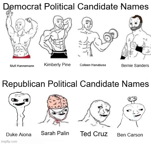Democrat Vs. Republican Political Candidate Names | Democrat Political Candidate Names; Bernie Sanders; Kimberly Pine; Colleen Hanabusa; Mufi Hannemann; Republican Political Candidate Names; Sarah Palin; Ted Cruz; Duke Aiona; Ben Carson | image tagged in x in the past vs x now,politics | made w/ Imgflip meme maker