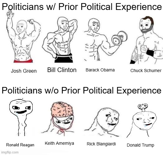 Politicans w/ vs. w/o prior political Experience | Politicians w/ Prior Political Experience; Chuck Schumer; Bill Clinton; Barack Obama; Josh Green; Politicians w/o Prior Political Experience; Keith Amemiya; Rick Blangiardi; Ronald Reagan; Donald Trump | image tagged in x in the past vs x now,politics | made w/ Imgflip meme maker