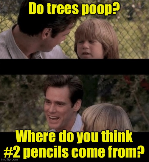 Do trees poop? | Do trees poop? Where do you think #2 pencils come from? | image tagged in liar liar my teacher says | made w/ Imgflip meme maker