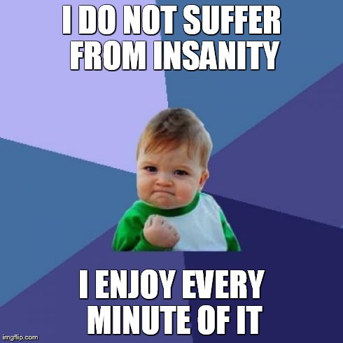 Success Kid Meme | I DO NOT SUFFER FROM INSANITY I ENJOY EVERY MINUTE OF IT | image tagged in memes,success kid | made w/ Imgflip meme maker