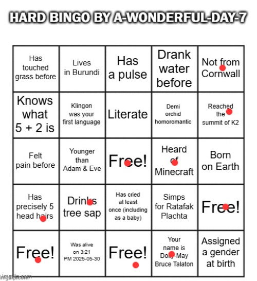 No bingo, sad day fr | image tagged in hard bingo by a-wonderful-day-7 | made w/ Imgflip meme maker