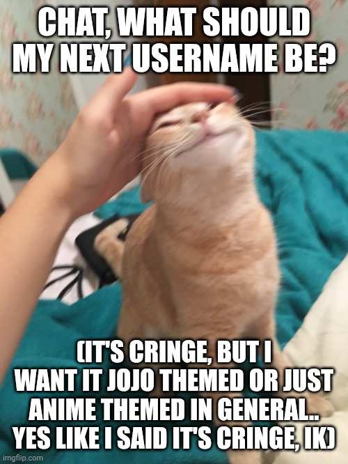 No judge, only suggestions | CHAT, WHAT SHOULD MY NEXT USERNAME BE? (IT'S CRINGE, BUT I WANT IT JOJO THEMED OR JUST ANIME THEMED IN GENERAL.. YES LIKE I SAID IT'S CRINGE, IK) | image tagged in cat pat,i'm watching you | made w/ Imgflip meme maker