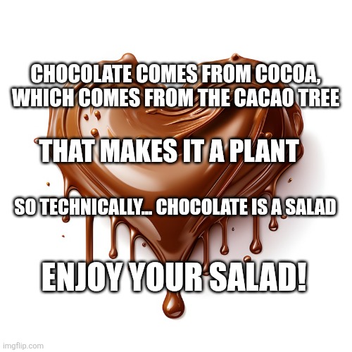 Chocolate is proven to be healthy | CHOCOLATE COMES FROM COCOA, WHICH COMES FROM THE CACAO TREE; THAT MAKES IT A PLANT; SO TECHNICALLY... CHOCOLATE IS A SALAD; ENJOY YOUR SALAD! | image tagged in funny,chocolate,salad | made w/ Imgflip meme maker