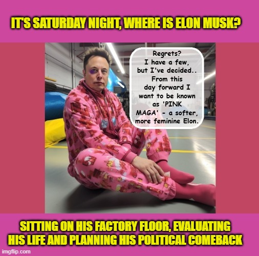 When the Ketamine wears off...and it's reality's turn to smack him in the face | IT'S SATURDAY NIGHT, WHERE IS ELON MUSK? Regrets? I have a few, but I've decided..
From this day forward I want to be known as 'PINK MAGA' - a softer, more feminine Elon. SITTING ON HIS FACTORY FLOOR, EVALUATING HIS LIFE AND PLANNING HIS POLITICAL COMEBACK | image tagged in impeach trump,donald trump memes,government corruption,elon musk,doge | made w/ Imgflip meme maker