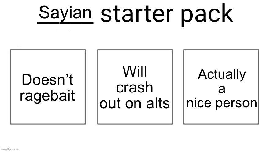 User starter pack | Sayian; Doesn’t ragebait; Will crash out on alts; Actually a nice person | image tagged in user starter pack | made w/ Imgflip meme maker
