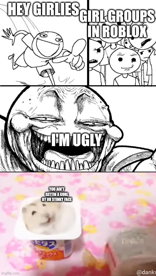 Hey Internet | GIRL GROUPS IN ROBLOX; HEY GIRLIES; I'M UGLY; YOU AIN'T GETTIN A GURL BY UR STINKY FACE | image tagged in memes,hey internet | made w/ Imgflip meme maker
