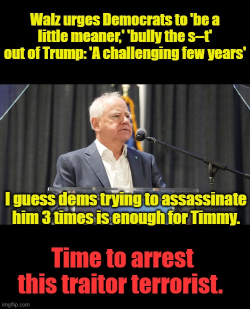 HOW many D politicians and celebs have called for either Trumps  assasination or to attack anyone who doesn't agree with them ? | Walz urges Democrats to 'be a little meaner,' 'bully the s--t' out of Trump: 'A challenging few years'; I guess dems trying to assassinate him 3 times is enough for Timmy. Time to arrest this traitor terrorist. | made w/ Imgflip meme maker