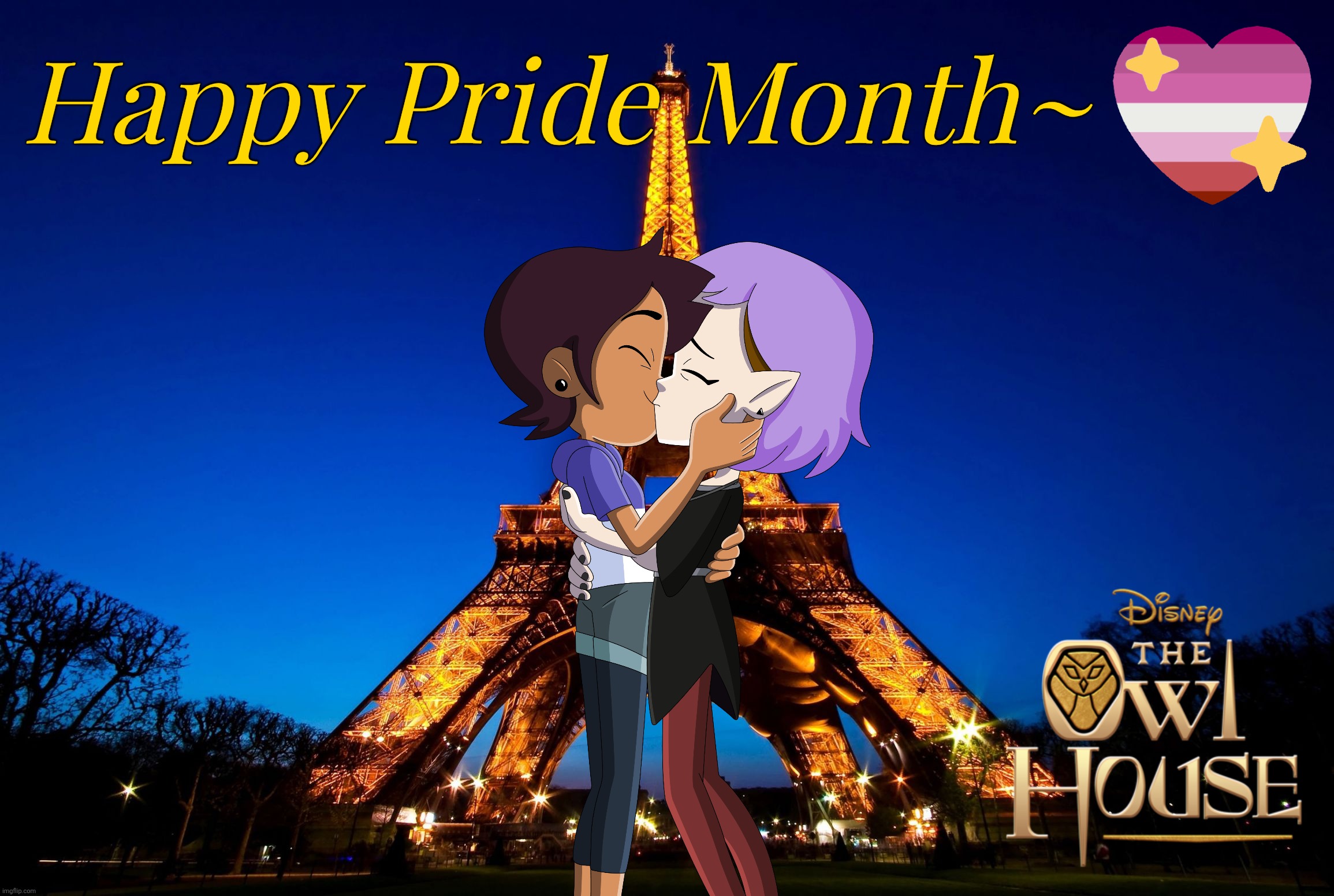 Lumity Kissing at the Eiffel Tower in Paris, France <3 xoxo | Happy Pride Month~ | image tagged in eiffel tower,pride month,lumity,aww,wholesome,the owl house | made w/ Imgflip meme maker