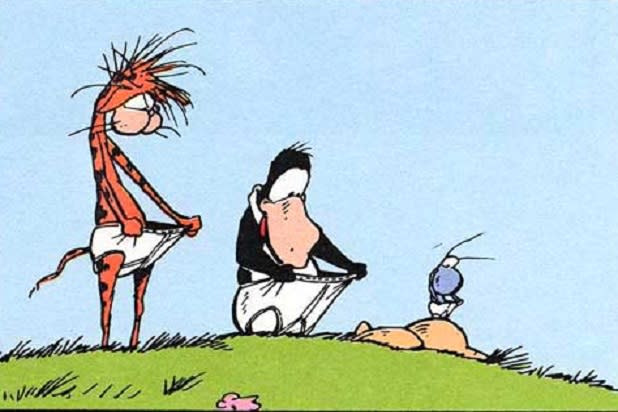 Bill the cat and Opus checking underwear Blank Meme Template