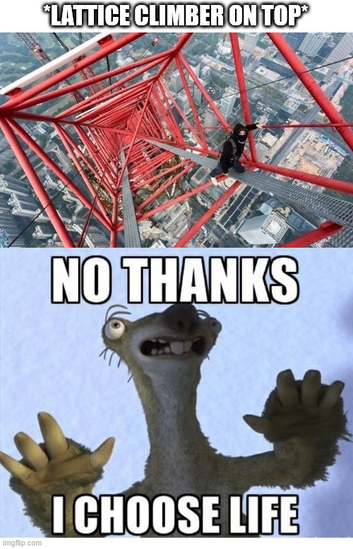No thanks, i choose life | *LATTICE CLIMBER ON TOP* | image tagged in ice age,meme,climbing,lattice climbing,urban climbing,parkour | made w/ Imgflip meme maker