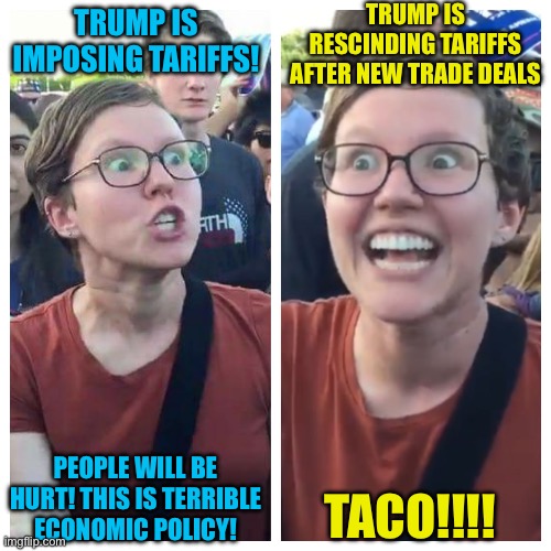 Social Justice Warrior Hypocrisy | TRUMP IS RESCINDING TARIFFS AFTER NEW TRADE DEALS; TRUMP IS IMPOSING TARIFFS! TACO!!!! PEOPLE WILL BE HURT! THIS IS TERRIBLE ECONOMIC POLICY! | image tagged in social justice warrior hypocrisy | made w/ Imgflip meme maker