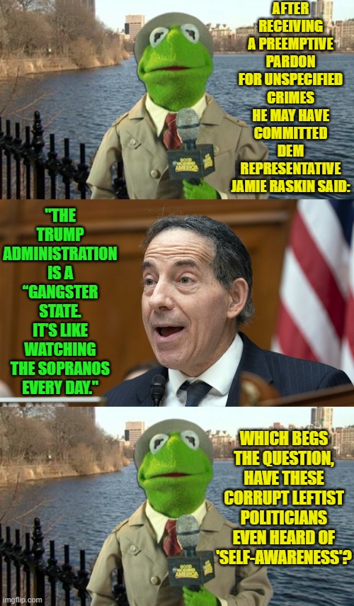 Are they all narcissists as well as corrupt? | AFTER RECEIVING A PREEMPTIVE PARDON FOR UNSPECIFIED CRIMES HE MAY HAVE COMMITTED DEM REPRESENTATIVE JAMIE RASKIN SAID:; "THE TRUMP ADMINISTRATION IS A “GANGSTER STATE. IT’S LIKE WATCHING THE SOPRANOS EVERY DAY."; WHICH BEGS THE QUESTION, HAVE THESE CORRUPT LEFTIST POLITICIANS EVEN HEARD OF 'SELF-AWARENESS'? | image tagged in yep | made w/ Imgflip meme maker
