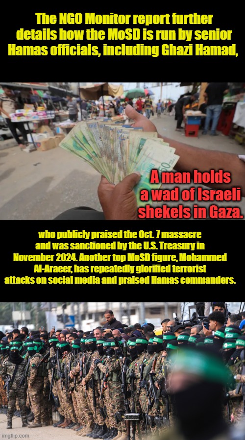 NGO's lauder money and are run by international criminals. And thats why they hate MUSK & TRUMP they exposed um. | The NGO Monitor report further details how the MoSD is run by senior Hamas officials, including Ghazi Hamad, A man holds a wad of Israeli shekels in Gaza. who publicly praised the Oct. 7 massacre and was sanctioned by the U.S. Treasury in November 2024. Another top MoSD figure, Mohammed Al-Araeer, has repeatedly glorified terrorist attacks on social media and praised Hamas commanders. | made w/ Imgflip meme maker