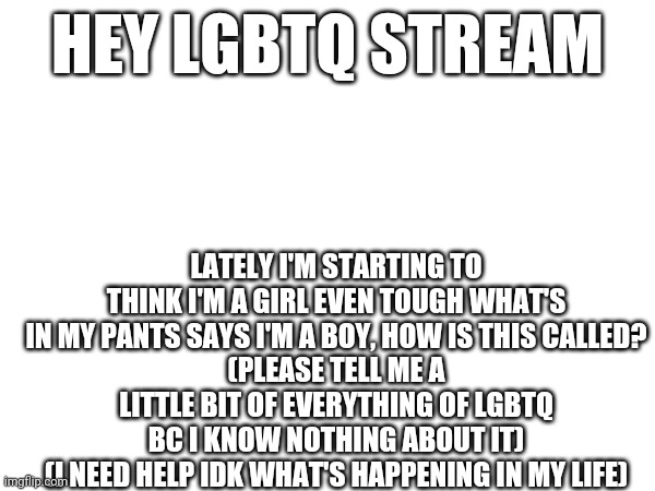Please help me (btw I supported Lgbtq even before thinking this) | HEY LGBTQ STREAM; LATELY I'M STARTING TO THINK I'M A GIRL EVEN TOUGH WHAT'S IN MY PANTS SAYS I'M A BOY, HOW IS THIS CALLED?
(PLEASE TELL ME A LITTLE BIT OF EVERYTHING OF LGBTQ BC I KNOW NOTHING ABOUT IT)
(I NEED HELP IDK WHAT'S HAPPENING IN MY LIFE) | made w/ Imgflip meme maker