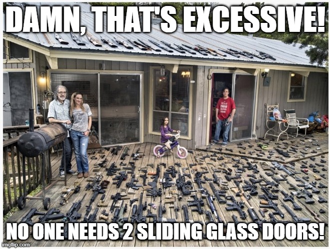 Excessive | DAMN, THAT'S EXCESSIVE! NO ONE NEEDS 2 SLIDING GLASS DOORS! | image tagged in dark humor | made w/ Imgflip meme maker