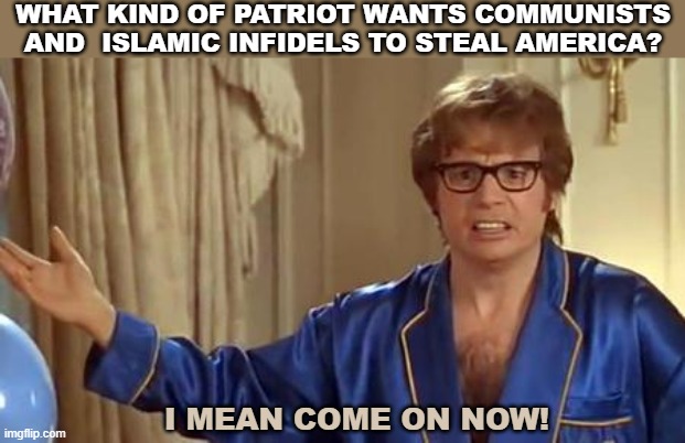 Austin Powers Honestly | WHAT KIND OF PATRIOT WANTS COMMUNISTS AND  ISLAMIC INFIDELS TO STEAL AMERICA? I MEAN COME ON NOW! | image tagged in memes,austin powers honestly | made w/ Imgflip meme maker