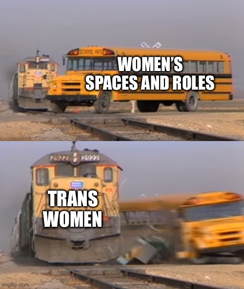 A train hitting a school bus | WOMEN’S SPACES AND ROLES; TRANS WOMEN | image tagged in a train hitting a school bus | made w/ Imgflip meme maker
