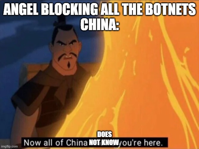 Now all of China knows you're here | ANGEL BLOCKING ALL THE BOTNETS
CHINA:; DOES NOT KNOW | image tagged in now all of china knows you're here | made w/ Imgflip meme maker