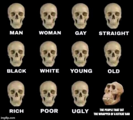 idiot skull | THE PEOPLE THAT EAT THE WRAPPER OF A KITKAT BAR | image tagged in idiot skull | made w/ Imgflip meme maker
