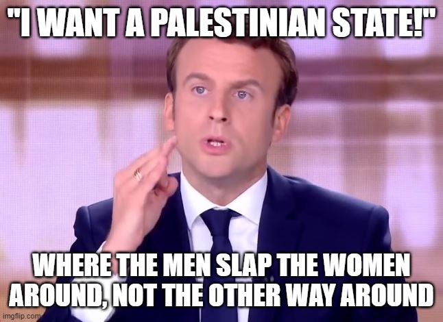 Macaroni the abused husband | "I WANT A PALESTINIAN STATE!"; WHERE THE MEN SLAP THE WOMEN AROUND, NOT THE OTHER WAY AROUND | image tagged in emmanuel macron - c'est de la poudre de perlimpinpin | made w/ Imgflip meme maker