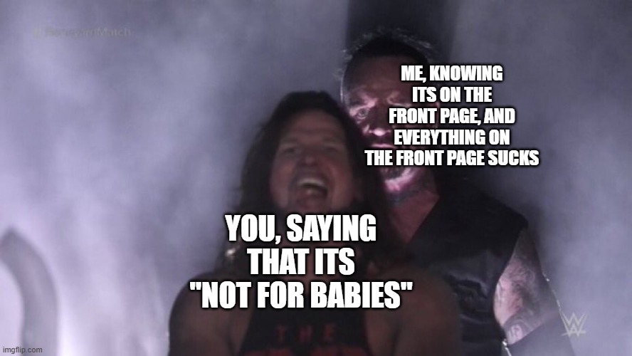 YOU, SAYING THAT ITS "NOT FOR BABIES" ME, KNOWING ITS ON THE FRONT PAGE, AND EVERYTHING ON THE FRONT PAGE SUCKS | image tagged in aj styles undertaker | made w/ Imgflip meme maker