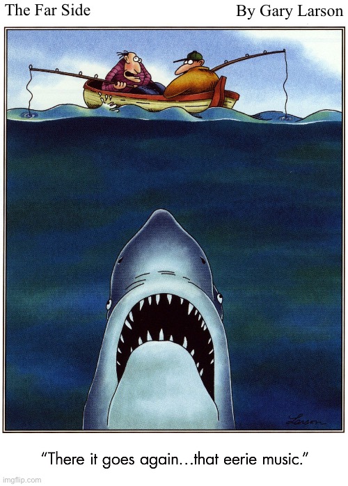 The Far Side; By Gary Larson | image tagged in comics,the far side,shark,men in a boat | made w/ Imgflip meme maker