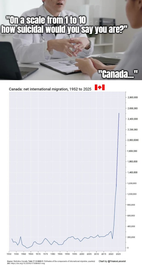 Some people just want to see the world burn | "On a scale from 1 to 10; how suicidal would you say you are?"; "Canada..." | image tagged in canada,immigration,politics | made w/ Imgflip meme maker