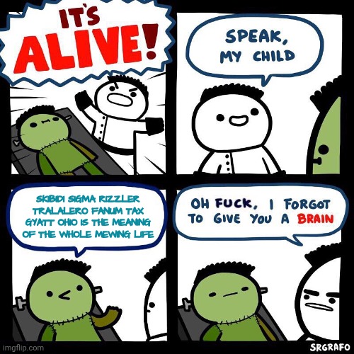 im gonna pop all their brains out- oh wait i cant because THEY DONT HAVE ANY | SKIBIDI SIGMA RIZZLER TRALALERO FANUM TAX GYATT OHIO IS THE MEANING OF THE WHOLE MEWING LIFE | image tagged in it's alive,brainrot,speak my child,memes,funny,true | made w/ Imgflip meme maker