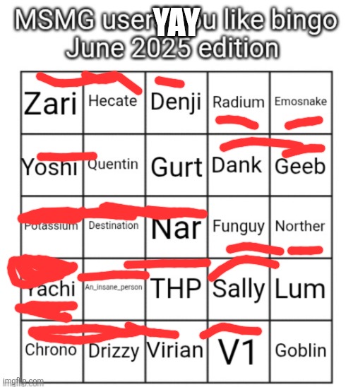 MSMG users you like bingo June 2025 edition | YAY | image tagged in msmg users you like bingo june 2025 edition | made w/ Imgflip meme maker