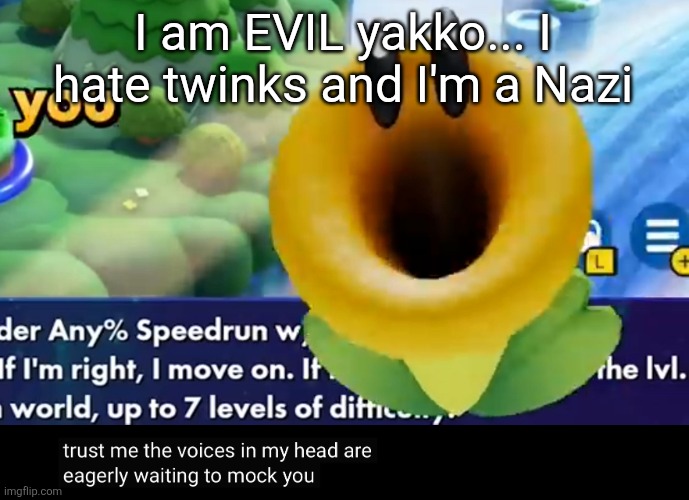 trust me the voices in my head are eagerly waiting to mock you | I am EVIL yakko... I hate twinks and I'm a Nazi | image tagged in trust me the voices in my head are eagerly waiting to mock you | made w/ Imgflip meme maker