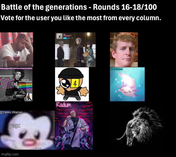 I'll do a score reveal once 30 rounds are done, but all I'll say is that the oldgens are leading and the newgens are losing | image tagged in battle of the generations | made w/ Imgflip meme maker