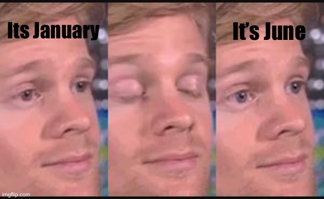 How tf are we halfway thru the year already ToT | It’s June; Its January | image tagged in blinking guy,wait what | made w/ Imgflip meme maker