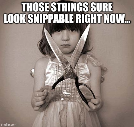 Girl with Scissors | THOSE STRINGS SURE LOOK SNIPPABLE RIGHT NOW... | image tagged in girl with scissors | made w/ Imgflip meme maker