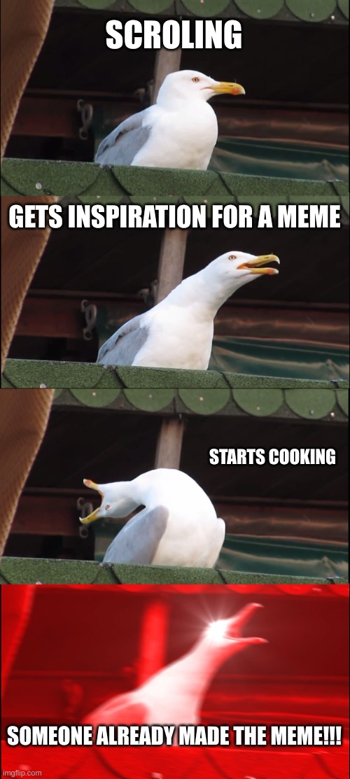 Everyone makes the meme before I do | SCROLING; GETS INSPIRATION FOR A MEME; STARTS COOKING; SOMEONE ALREADY MADE THE MEME!!! | image tagged in memes,inhaling seagull | made w/ Imgflip meme maker