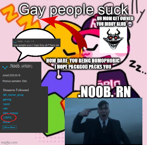 fucking loser being homophobic for a "joke" i hope you get banned weirdo. | UR MOM GET OWNED YOU DIDDY BLUD 💀; HOW DARE  YOU BEING HOMOPHOBIC  I HOPE PACKGOD PACKS YOU; .NOOB. RN | image tagged in antihomophobia,transrights,loveislove | made w/ Imgflip meme maker
