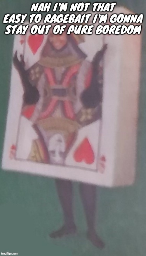 The card lady | NAH I'M NOT THAT EASY TO RAGEBAIT I'M GONNA STAY OUT OF PURE BOREDOM | image tagged in the card lady | made w/ Imgflip meme maker
