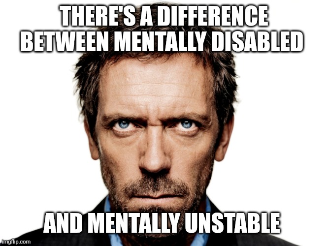 I just wanted to make it | THERE'S A DIFFERENCE BETWEEN MENTALLY DISABLED; AND MENTALLY UNSTABLE | image tagged in dr house | made w/ Imgflip meme maker