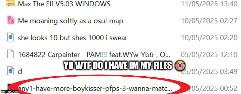 boykisser? thats so weird lmfao | YO WTF DO I HAVE IM MY FILES 😭 | made w/ Imgflip meme maker