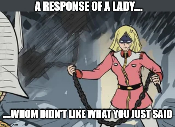 Response to off color remark | A RESPONSE OF A LADY.... ....WHOM DIDN'T LIKE WHAT YOU JUST SAID | image tagged in gundam,angry lady,misspoken | made w/ Imgflip meme maker