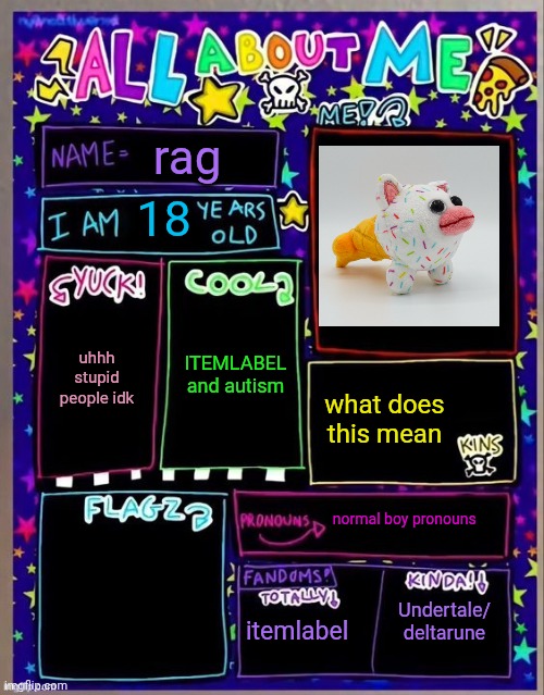 All about me! (Og temp by Jade) | rag; 18; ITEMLABEL and autism; uhhh stupid people idk; what does this mean; normal boy pronouns; itemlabel; Undertale/ deltarune | image tagged in all about me og temp by jade | made w/ Imgflip meme maker