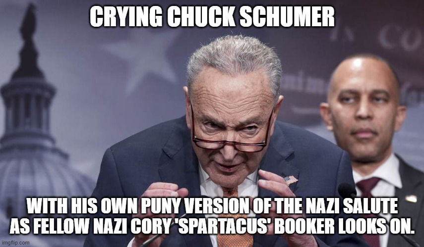 Crying Chuck Nazi | CRYING CHUCK SCHUMER; WITH HIS OWN PUNY VERSION OF THE NAZI SALUTE AS FELLOW NAZI CORY 'SPARTACUS' BOOKER LOOKS ON. | image tagged in nazi,chuck schumer,democrats,cory booker | made w/ Imgflip meme maker