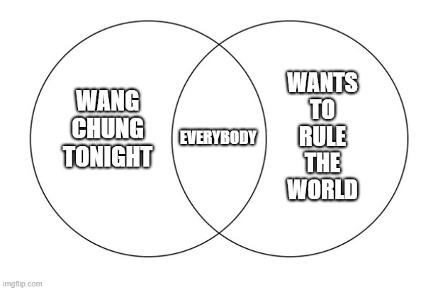 Musical Choices, Mid 80s Edition | WANG CHUNG TONIGHT; WANTS TO RULE THE WORLD; EVERYBODY | image tagged in venn diagram | made w/ Imgflip meme maker