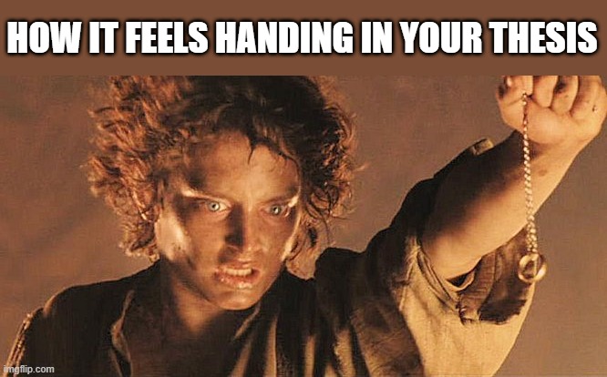 Thesis | HOW IT FEELS HANDING IN YOUR THESIS | image tagged in university,engineering,thesis,frodo,lotr | made w/ Imgflip meme maker