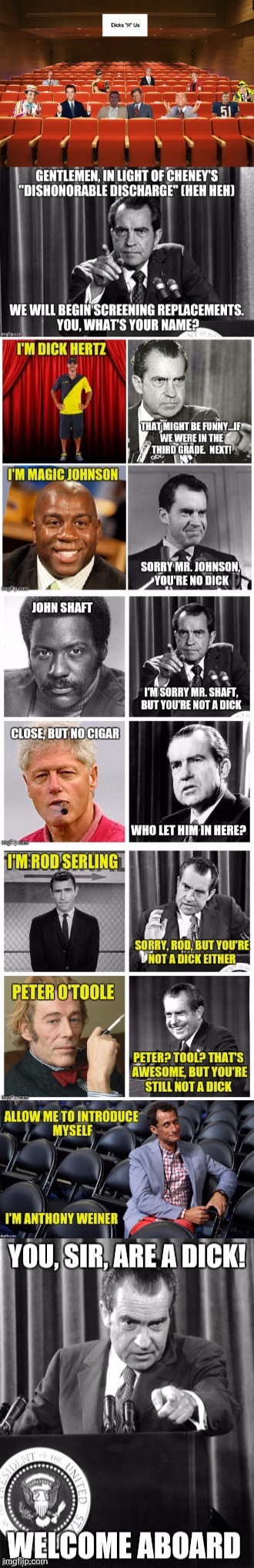 Bad Photoshop Sunday presents:  He's back | image tagged in bad photoshop sunday,dicks r us,richard nixon,anthony weiner | made w/ Imgflip meme maker