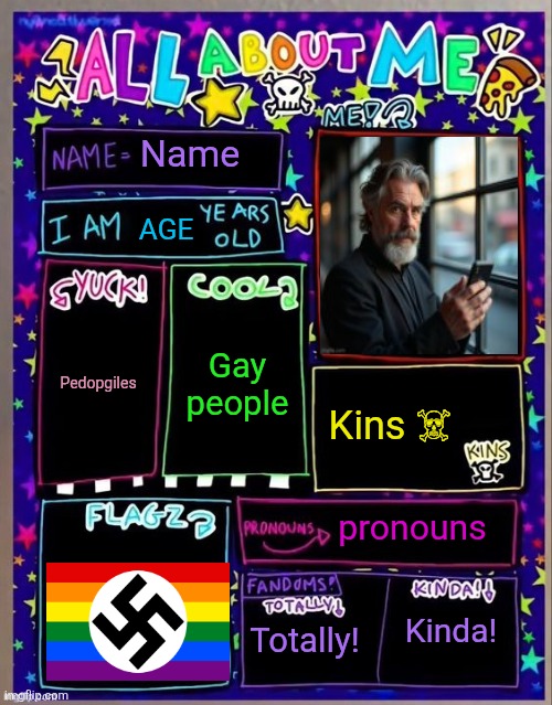 All about me! (Og temp by Jade) | Name; AGE; Gay people; Pedopgiles; Kins ☠; pronouns; Totally! Kinda! | image tagged in all about me og temp by jade | made w/ Imgflip meme maker