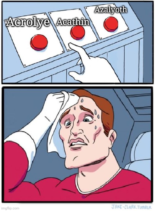 Three Buttons | Acrolye Acathin Azalyoth | image tagged in three buttons | made w/ Imgflip meme maker