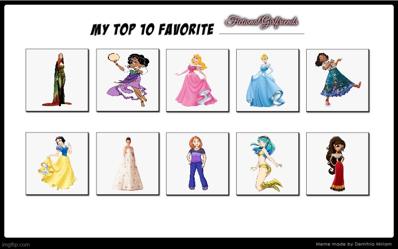 My Top 10 Fictional Girlfriends | Fictional Girlfriends | image tagged in my top 10,poison ivy,girl,snow white,disney,cinderella | made w/ Imgflip meme maker