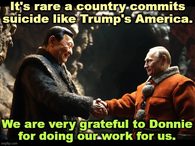 Dictators Putin and Xi shake hands on Trump's destruction of America. | It's rare a country commits suicide like Trump's America. We are very grateful to Donnie
for doing our work for us. | image tagged in dictators putin and xi shake hands on trump's destroying america,putin,xi,dictator,trump,wannabe | made w/ Imgflip meme maker