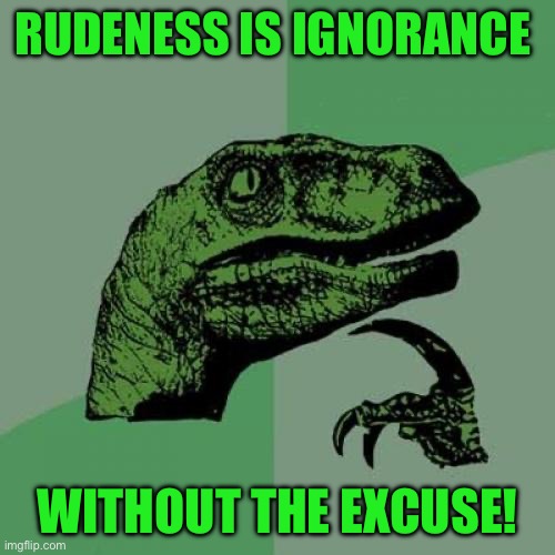 Philosoraptor | RUDENESS IS IGNORANCE; WITHOUT THE EXCUSE! | image tagged in memes,philosoraptor | made w/ Imgflip meme maker