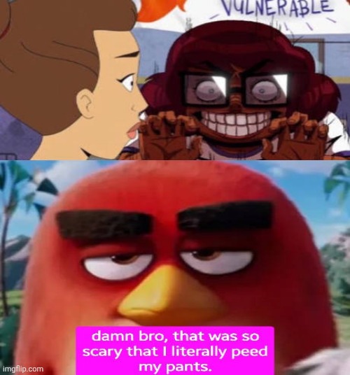 Red Reacts To Scary Velma | image tagged in angry birds | made w/ Imgflip meme maker